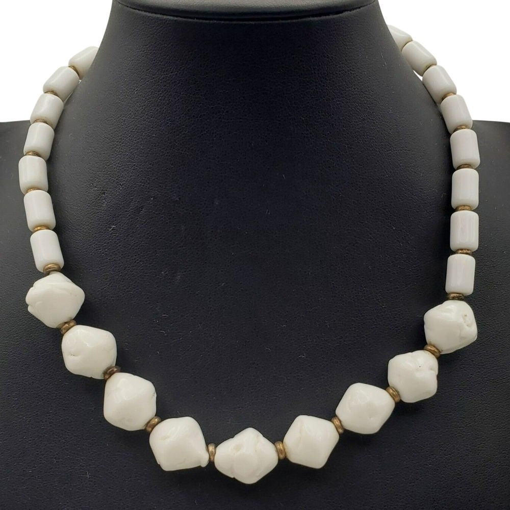 Miriam Haskell Necklace White Milk Glass Beaded Choker Vintage 70s Bridal Summer